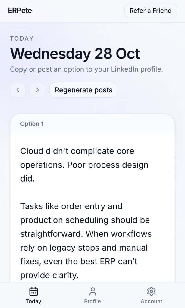 ERPete Today screen with a ready LinkedIn post to copy or publish