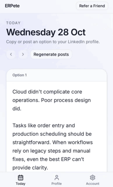 ERPete Today screen, with a ready LinkedIn post to copy or publish